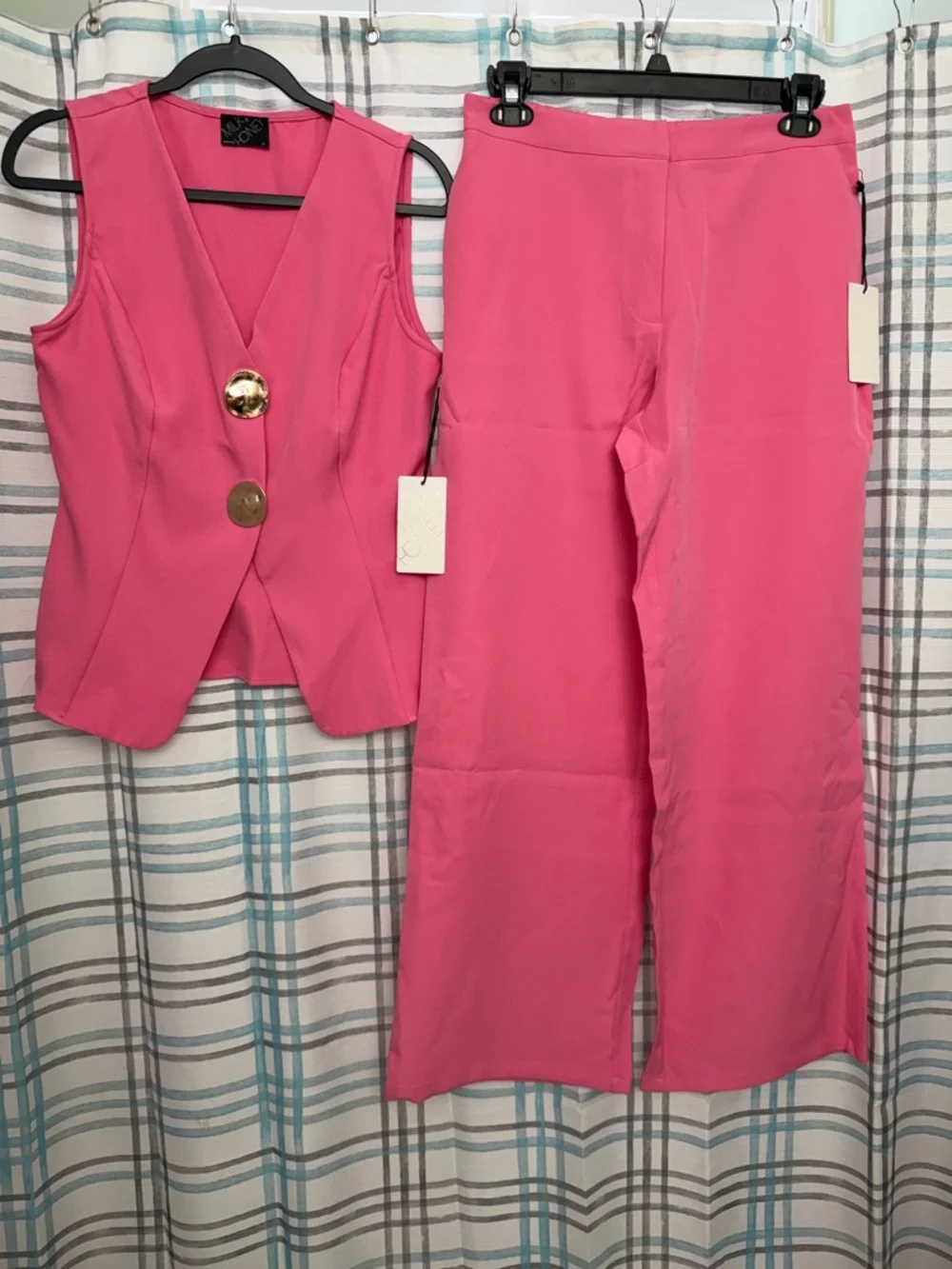 Bright Pink Wide-Leg Pants with Matching Buttoned Vest Set